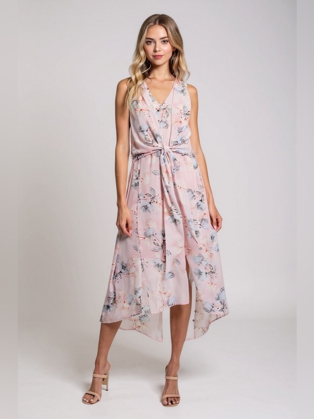Pale Pink and Blue Floral Draped Tie Front Dress